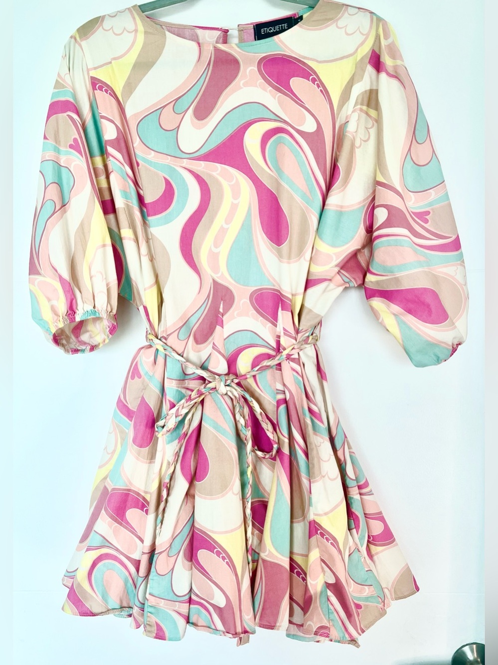 Etiquette Pastel Swirl Paisley Swing Dress Size M Retro 70s Belted Mini